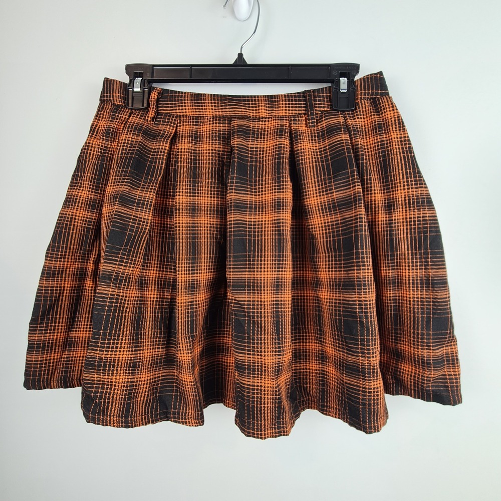 Hot Topic Orange Black Plaid Pleated Mini Skirt M Punk Goth Grunge Halloween